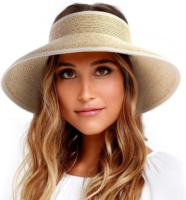 Sun Visor Hats for Women Wide Brim Straw Roll-Up Ponytail Summer Beach Hat UV UPF Packable Foldable Travel