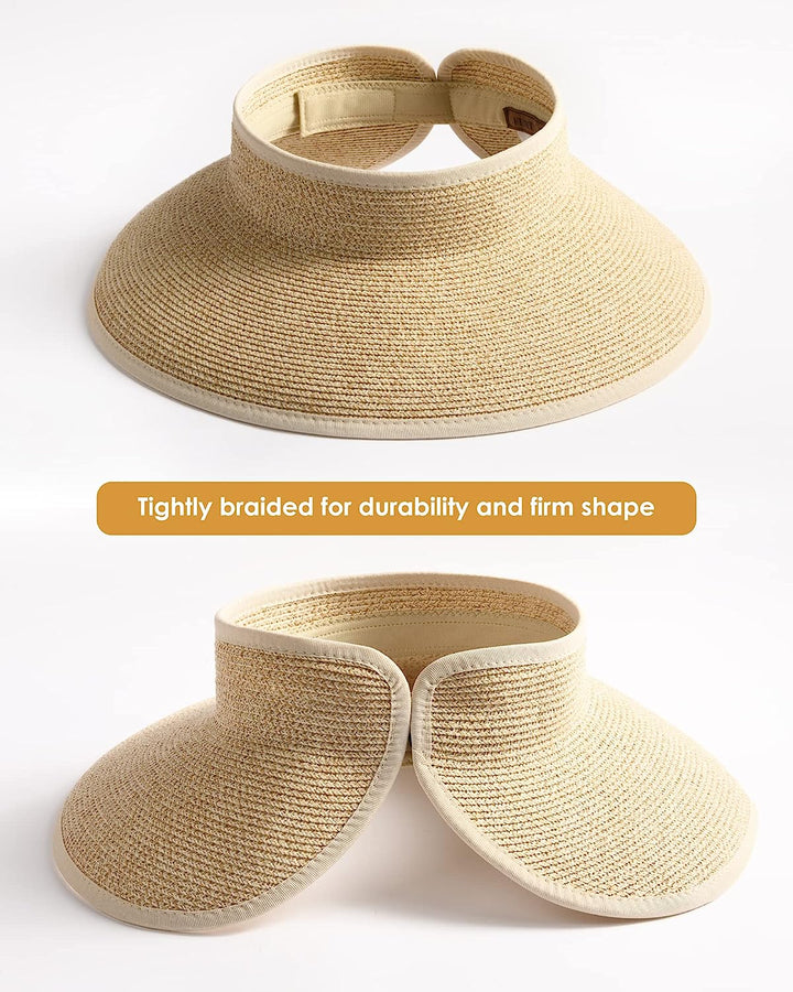 Sun Visor Hats for Women Wide Brim Straw Roll-Up Ponytail Summer Beach Hat UV UPF Packable Foldable Travel